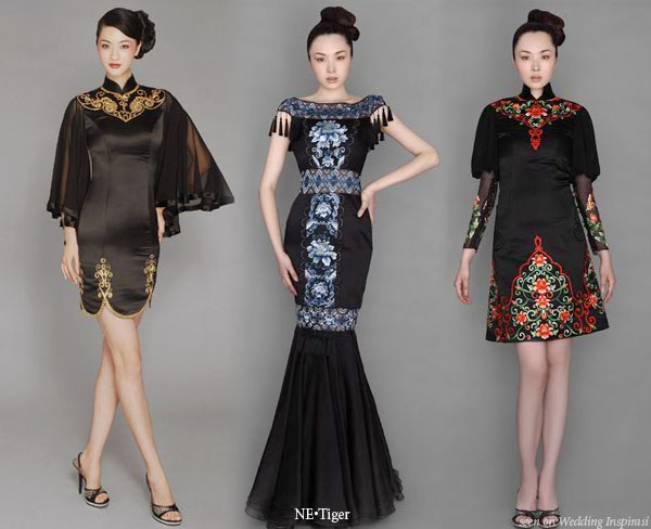 Black Chinese influenced evening gowns and wedding dresses by China's NE