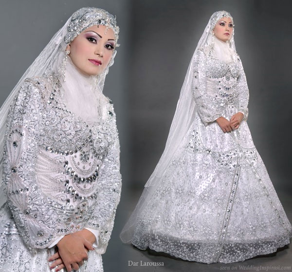 Islamic style veil hijab and a modest wedding dress with a western a
