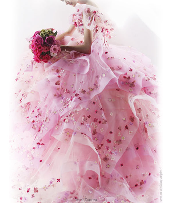 Pink wedding dress evening gown with flowers from Yumi Katsura Bridal