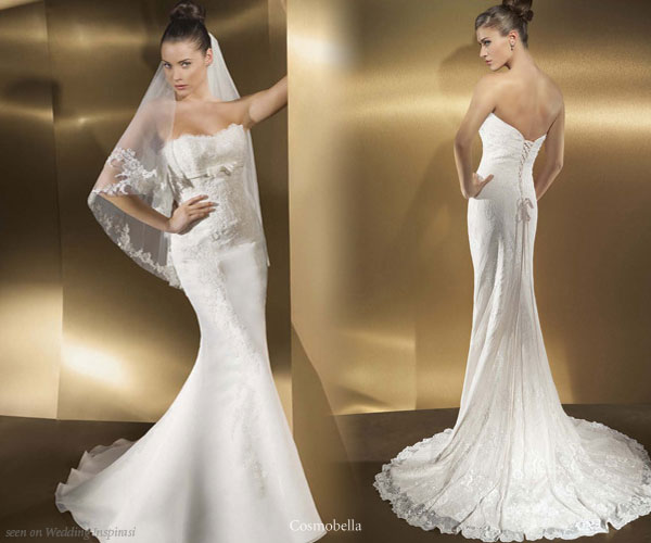 Sleek strapless white wedding gowns from Cosmobella Milano