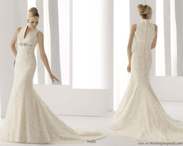Deep v-neck white wedding dress from Nalia, Spain-based bridal house Wedding Collection 2010/2011