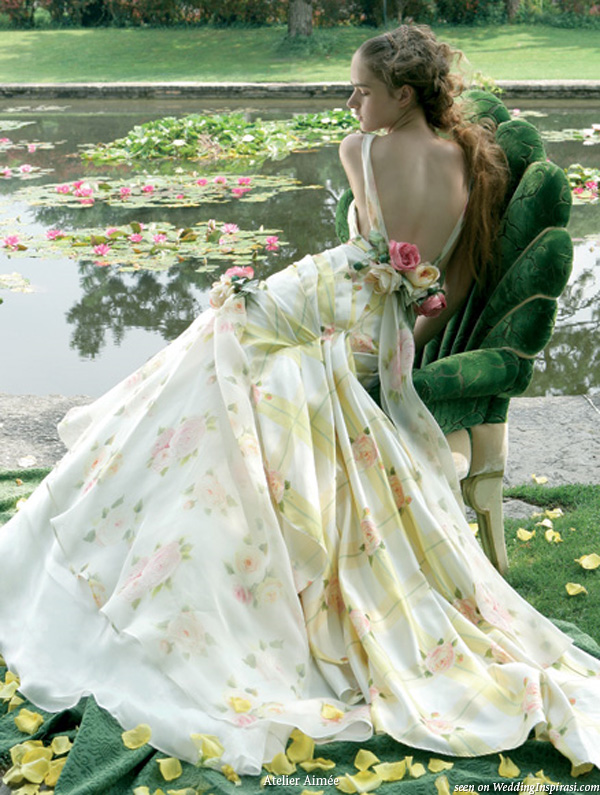 By the pond and flowers print wedding dress by Atelier Aimee