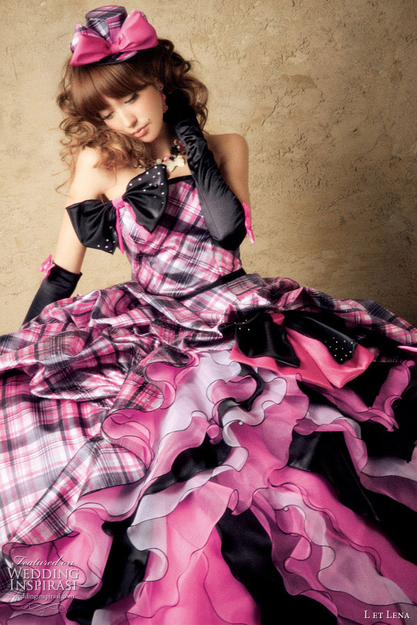 L et Lena pink and black checked tartan wedding gown with bow and gloves by