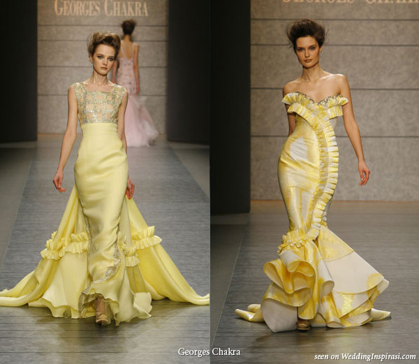 Two yellow gowns an elegant long sheath dress with a train and a slinky 