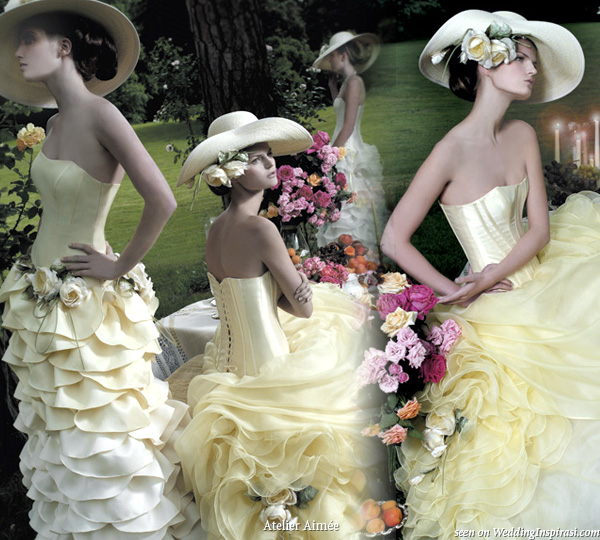 Yellow wedding dresses with hats from Atelier Aimee