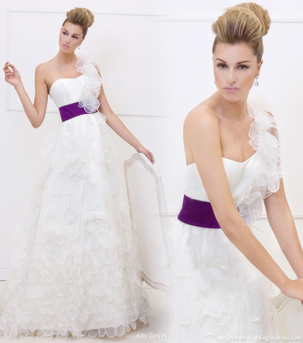 wedding dresses with colored sash. One shoulder strap wedding