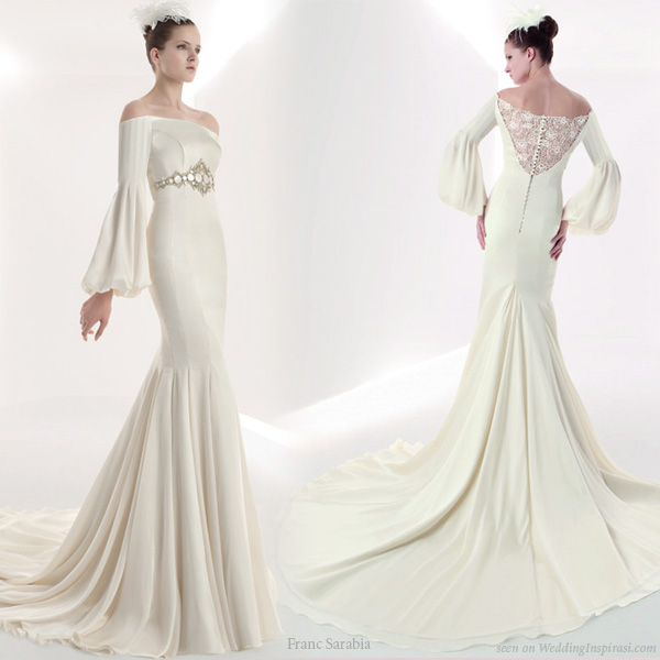 Off shoulder wedding dress with romantic style bishop sleeves from Franc 