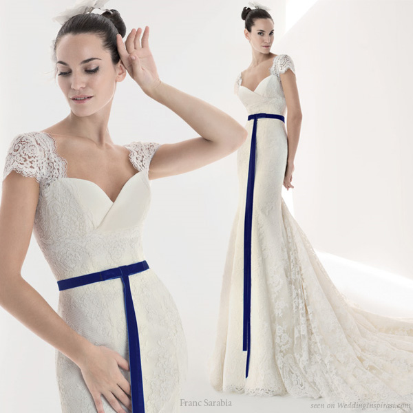 Franc Sarabia Cap sleeve lace wedding dress with colored sash detail