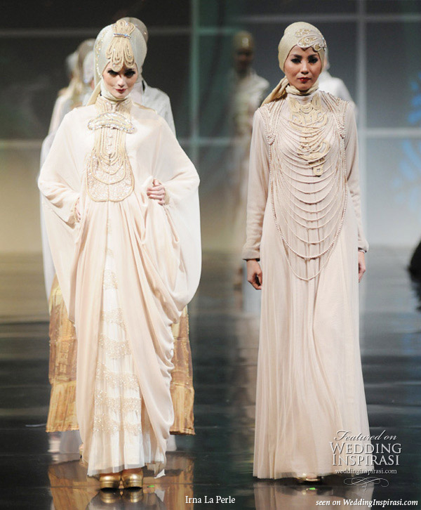 Wedding dresses and evening gowns on the runway by Irna La Perle, suitable for modest brides and hijab wearing sisters