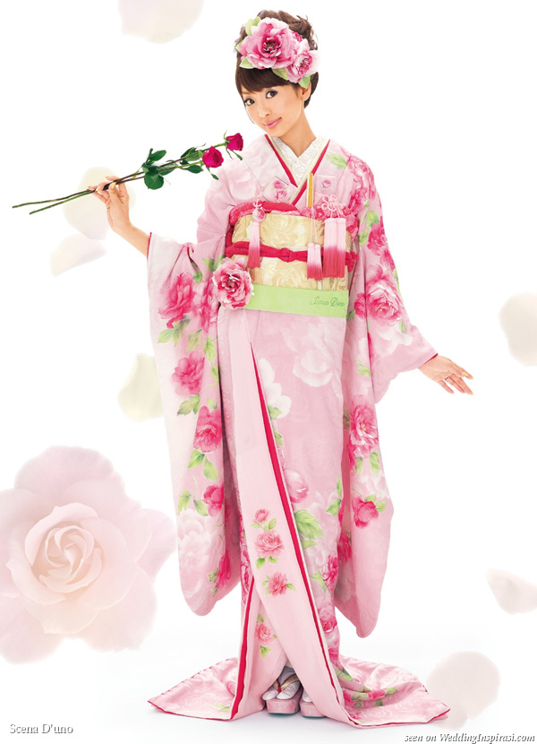 Pink red rose flower blossom Japanese wedding kimono