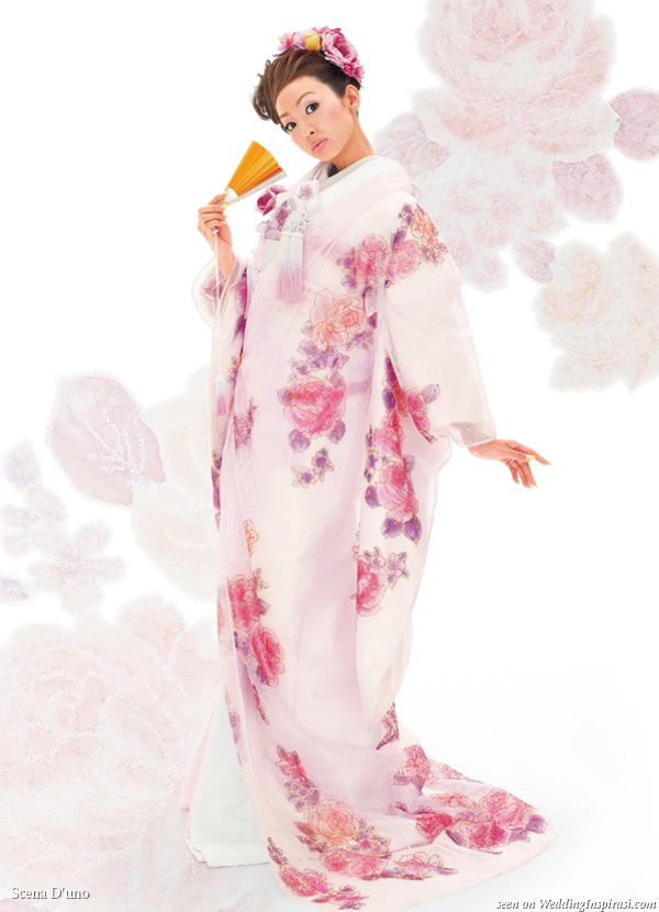 Beautiful pink lavender purple painted flower Japanese wedding kimono