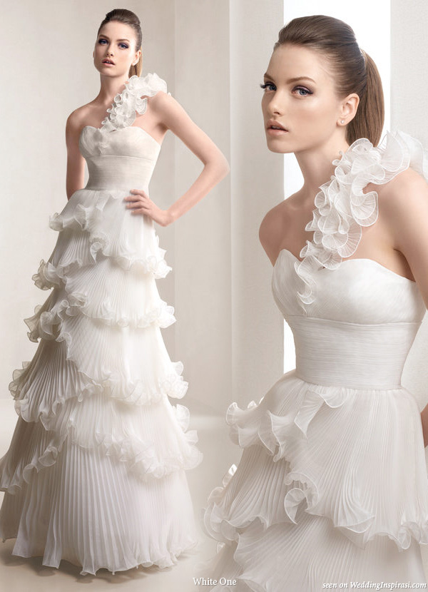 Ruffle tier wedding gown with one shoulder strap from White One