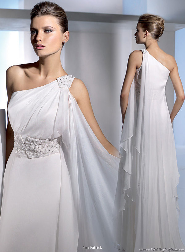 Asymmetrical neckline toga inspired grecian roman goddess style wedding gown 