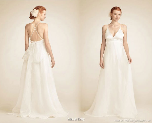 draped low back and pooled skirt below Juliette silk organza gown with 