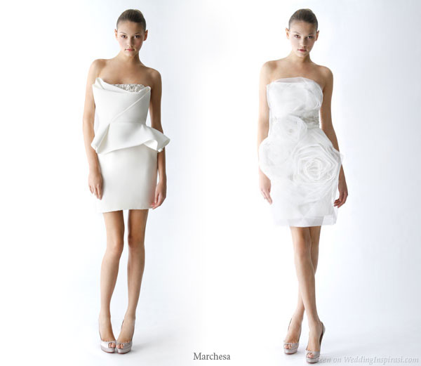 Short white wedding dresses from Marchesa - left bustier top is similar to the one Kate Hudson wore to the Golden Globes 2010