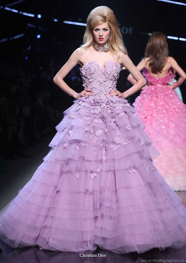 john galliano wedding gown. Purple ruffle strapless gown