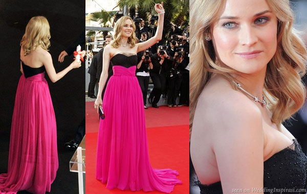 Diane Kruger looked lovely in a hot pink and black strapless gown from Jason 