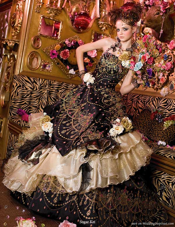Jewel Candy wedding theme - a deep dark chocolate brown and coppery gold wedding dress by Sugar Kei
