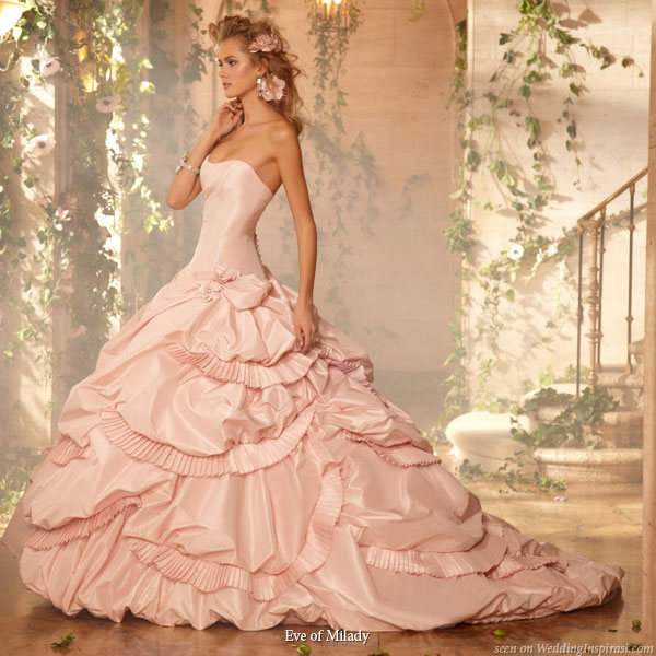 Pink wedding gown with ballgown silhouette strapless with drop waist from