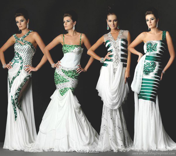 White wedding dress with emerald green sequin accents by Walid Atallah 