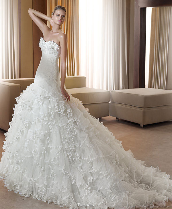 Pronovias 2011 Bridal Gown Collection - Fanstastica strapless  wedding dress with ruffle skirt