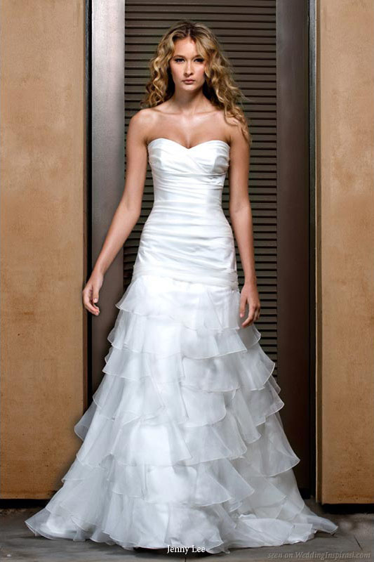 Silk satin strapless wedding dress sweetheart neckline and ruched trumpet with ruffled organza skirt from Jenny Lee 2011 bridal gown collection