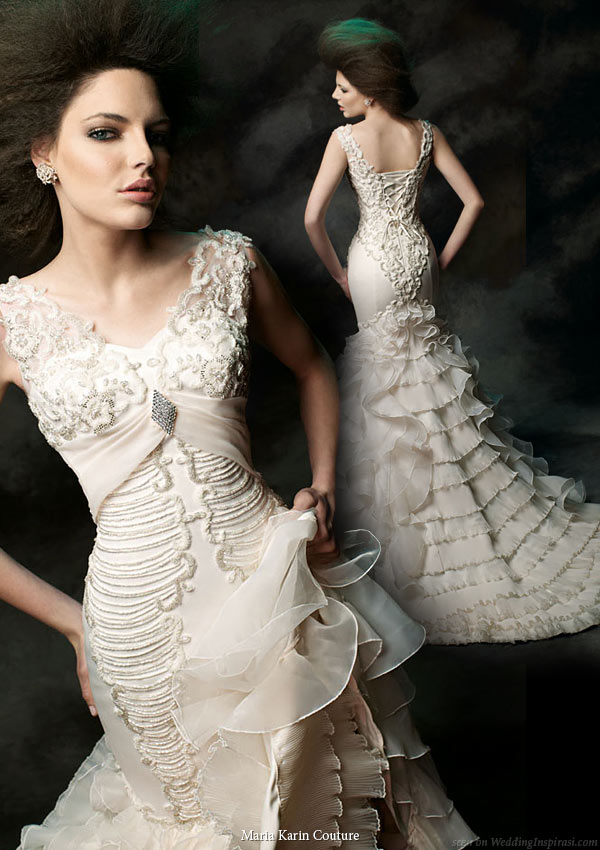 Maria Karin Couture 2011 bridal gown collection - wedding dress  cap sleeve straps and ruffle train skirt