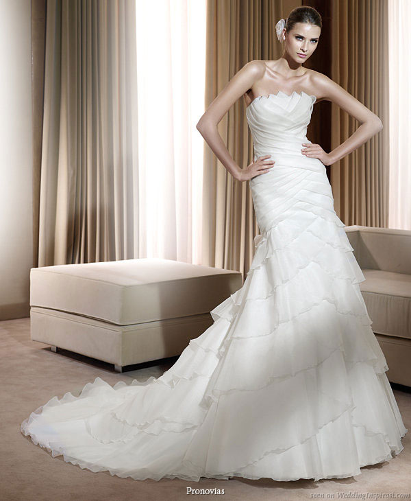 Pronovias 2011 Bridal Gown Collection - Fortuna wedding dress with multiple layers of zig zag flounces and ruffles 