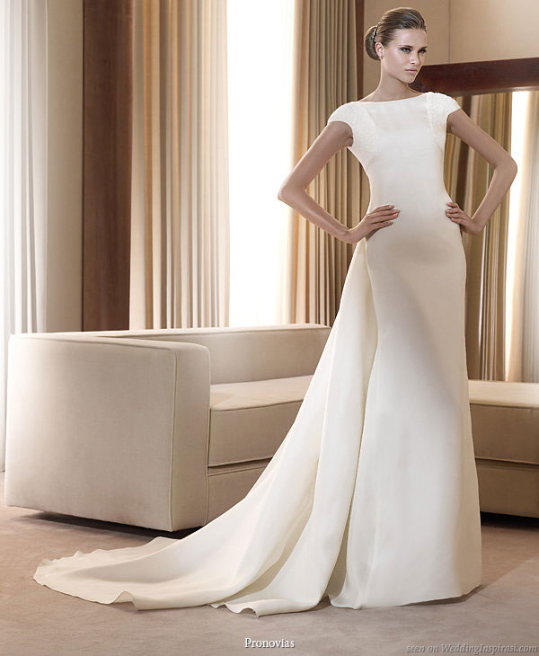 Pronovias 2011 Bridal Gown Collection - Italico smart wedding  dress with cap sleeves and chapel train 