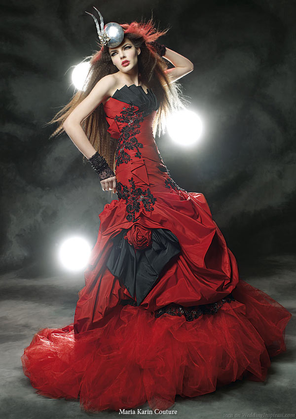 Beautiful black and red strapless gown with black floral embellishment