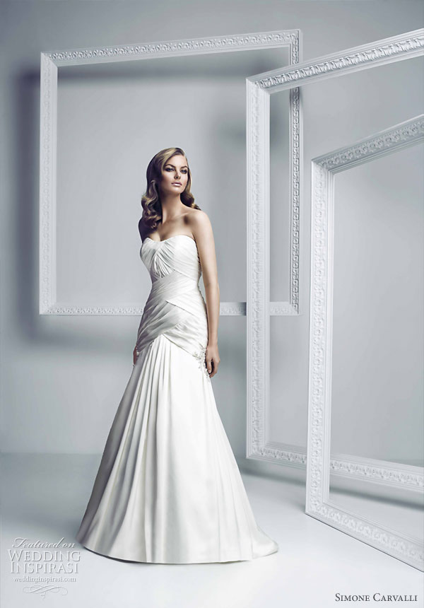 Simone Carvalli bridal gown collection strapless draped bodice wedding 