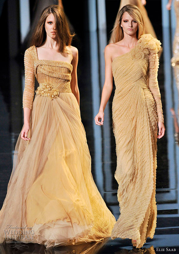 Elie Saab Couture Fall/Winter 2010/2011 mustard, yellow one-shoulder sleeve evening cocktail gowns
