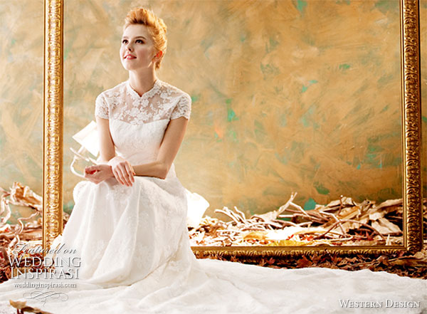 Western Design wedding dress short sleeve wedding gown with mandarin 