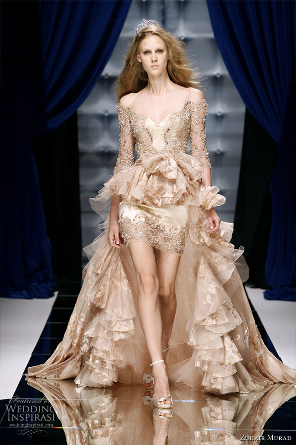 Zuhair Murad Couture Fall/Winter 2010-2011 runway collection - champagne rose gold off-shoulder long-sleeve mullet dress with train