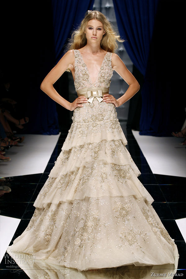 Zuhair Murad Couture Fall/Winter 2010-2011 - tiered metallic ivory gown suitable to be worn as a wedding dress