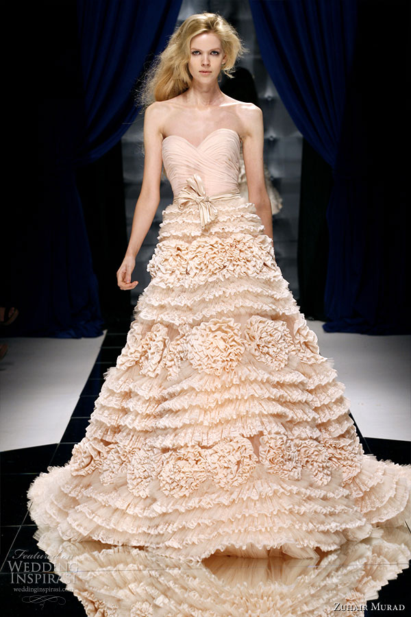 Strapless sweetheart neckline ruffle dress in light pastel peach -- a model on the runway of Zuhair Murad Couture Fall/Winter 2010-2011 fashion show