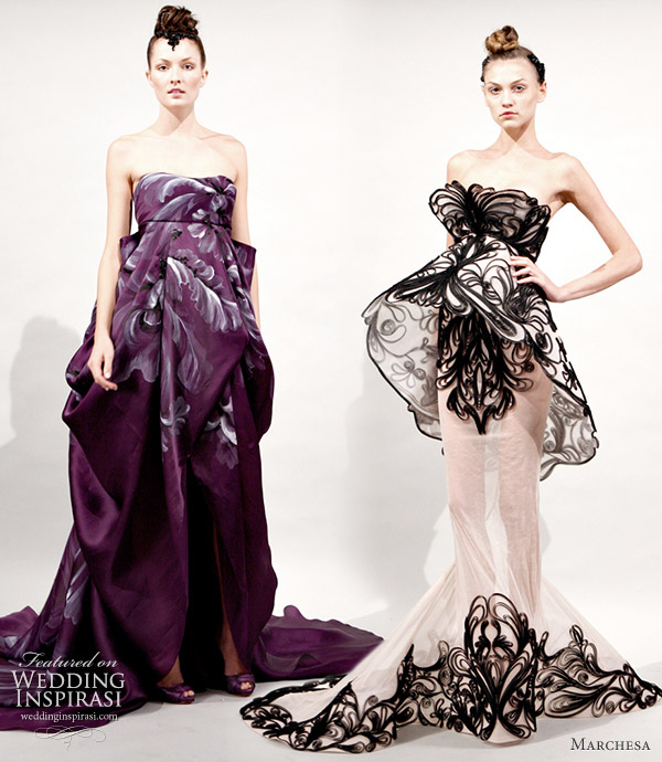 Marchesa Spring/Summer 2011 RTW collection. strapless painted purple gown and black trimmed peplum dress