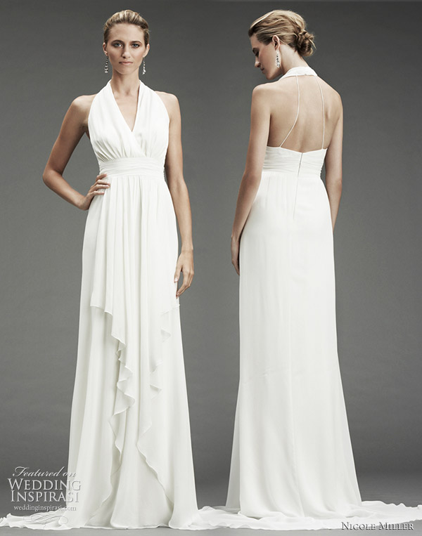 Silk chiffon halter wedding gown with front draping and open back