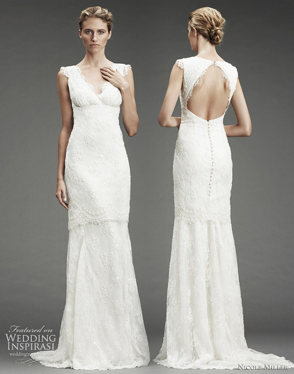 Beaded lace vneck wedding dress with lace trim and cutoutback with button 