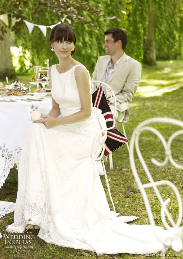 English tea party wedding scene bride wearing Stephanie Allin wedding 