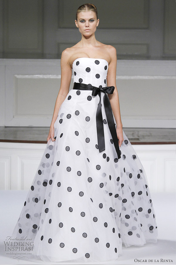 Polka dots Ivory silk tulle and black dot embroidered gown with satin bow