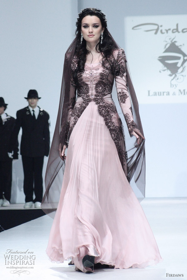 Pink kebaya style wedding dress with black lace bridal coat