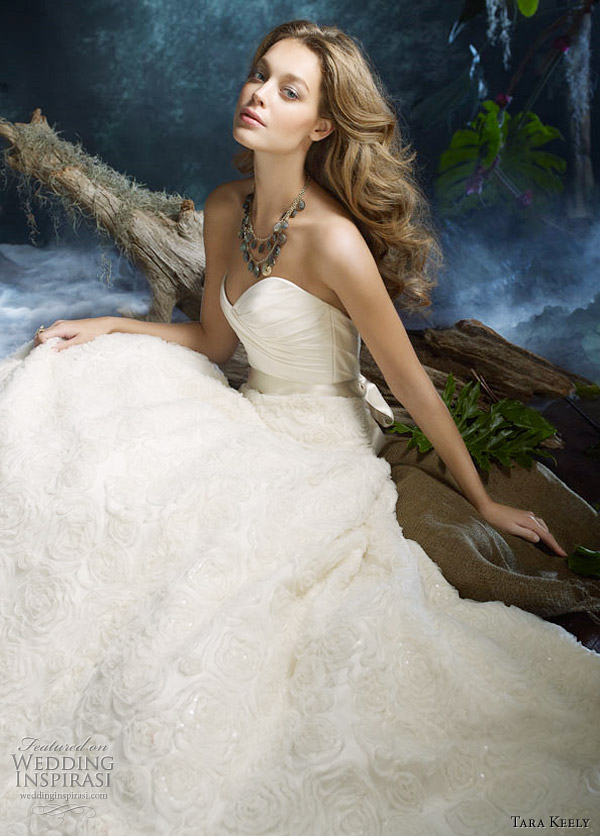 Above pearl floral mesh modified bridal ball gown with ivory tissue taffeta