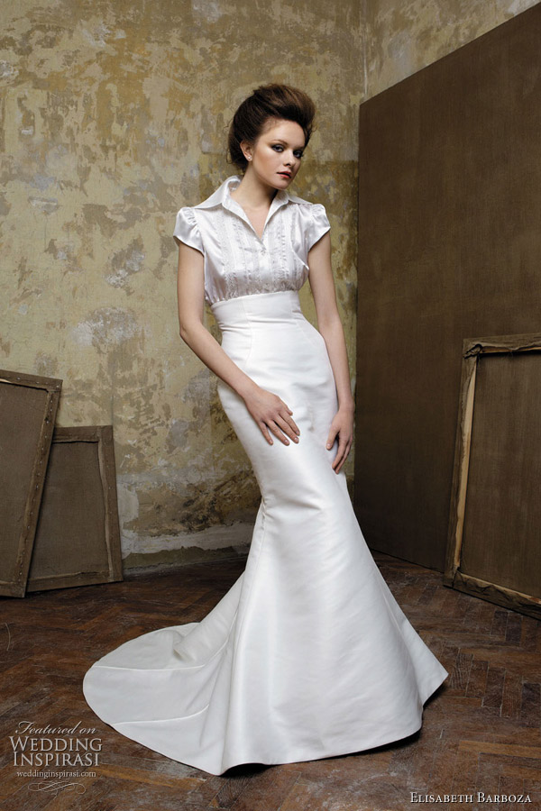 Wedding gown with collar and sleeves by Elizabeth Barboza for Pronuptia 2011 bridal collection