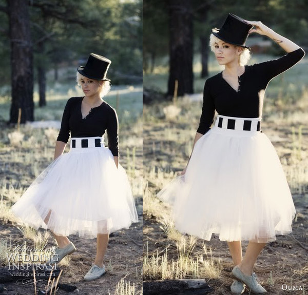 Ouma tulle skirt Black and white tulle wedding dress worn with top hat