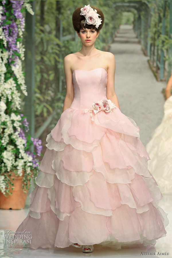 Sabry pink ball gown wedding dress with organza d coup petals on the skirt