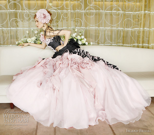 Black and pink color wedding dress by Island Bridal Pickup skirt ball gown