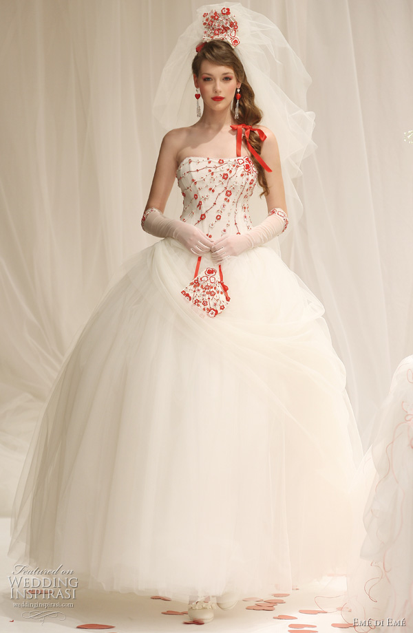 2011 red and white ball gown wedding dress by Em di Em bridal collection