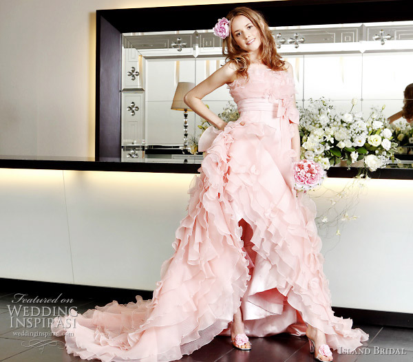 Sweet pink wedding gown with slit by Island Bridal