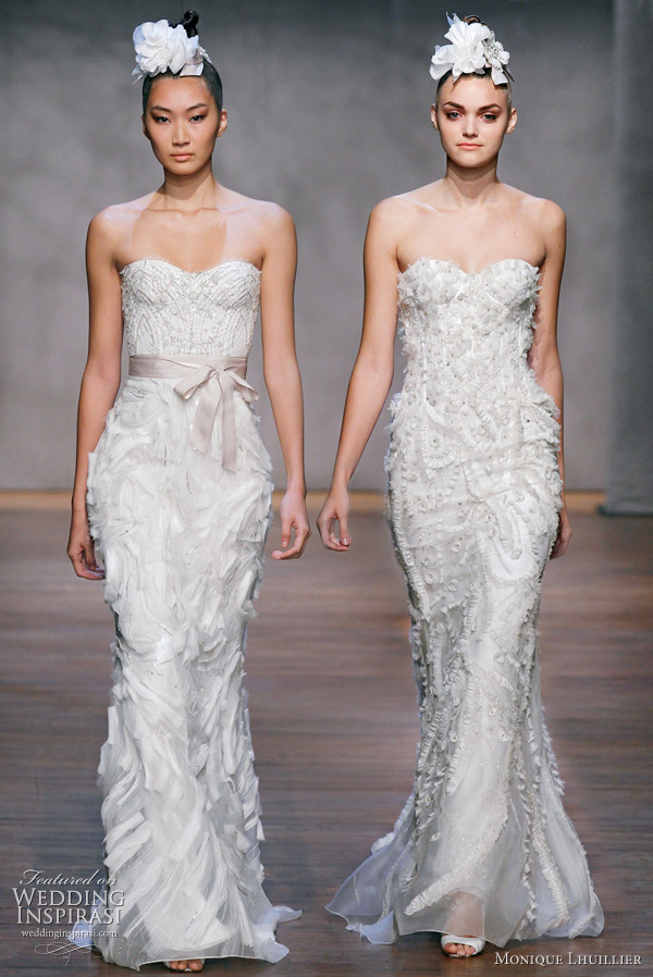 Monique Lhuillier Fall 2011 wedding dresses - Lavender - ivory embellished chantilly lace corset, ivory organza embroidered trumpet skirt, cameo hyacinth sash, Juniper - ivory/gold strapless chantilly lace drop waist bodice, ivory organza modified trumpet skirt with trailing floral embroidery